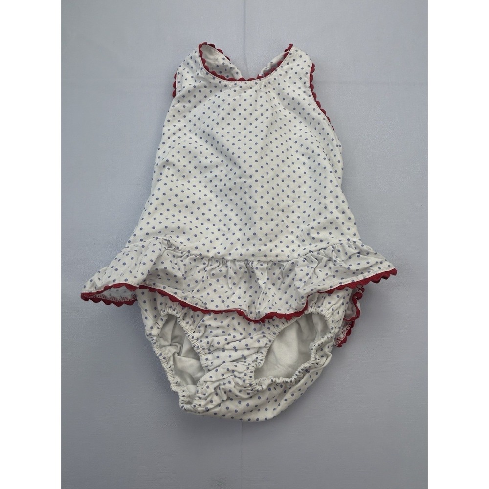 Bella Bliss Baby Girl Bubble Romper Size 3 M White Blue Polka Dot Ruffle Cotton